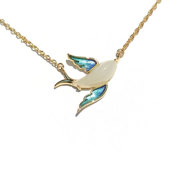 KartiKart Jewelry - Bird Jade Sterling Silver 14k Gold Plated Necklace, Natural White Nephrite Jade